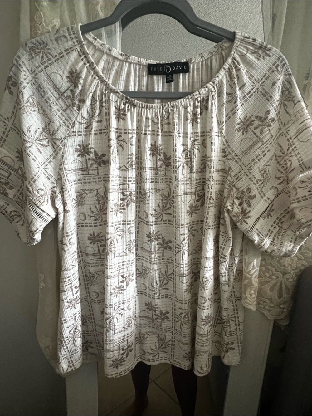 Fred David Cream Top with Brown Floral Pattern
